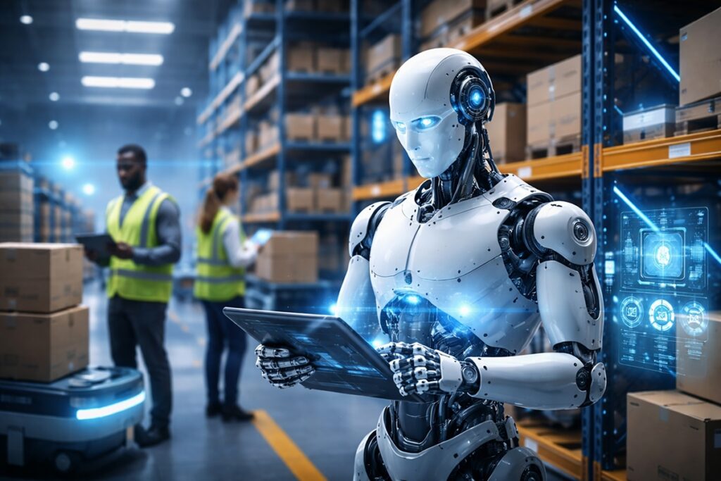 AI-powered robots working alongside humans in modern industries