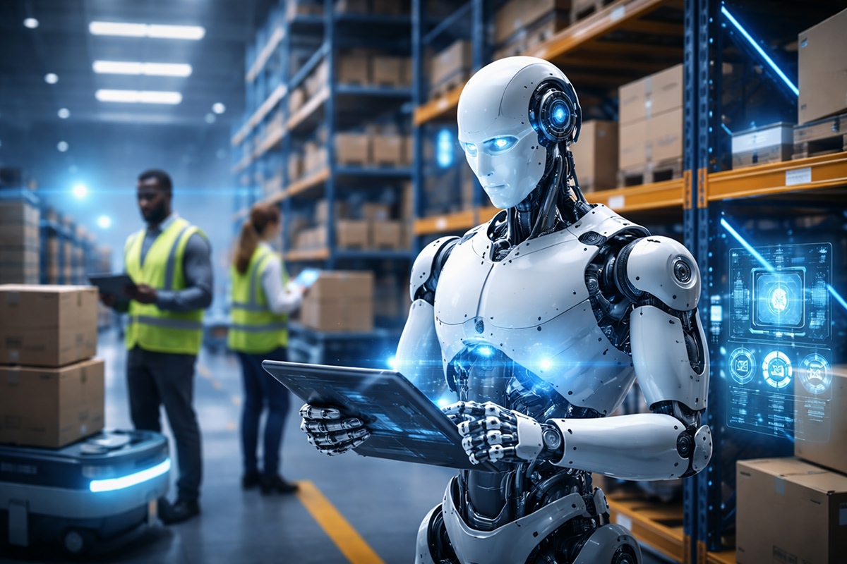 AI-powered robots working alongside humans in modern industries