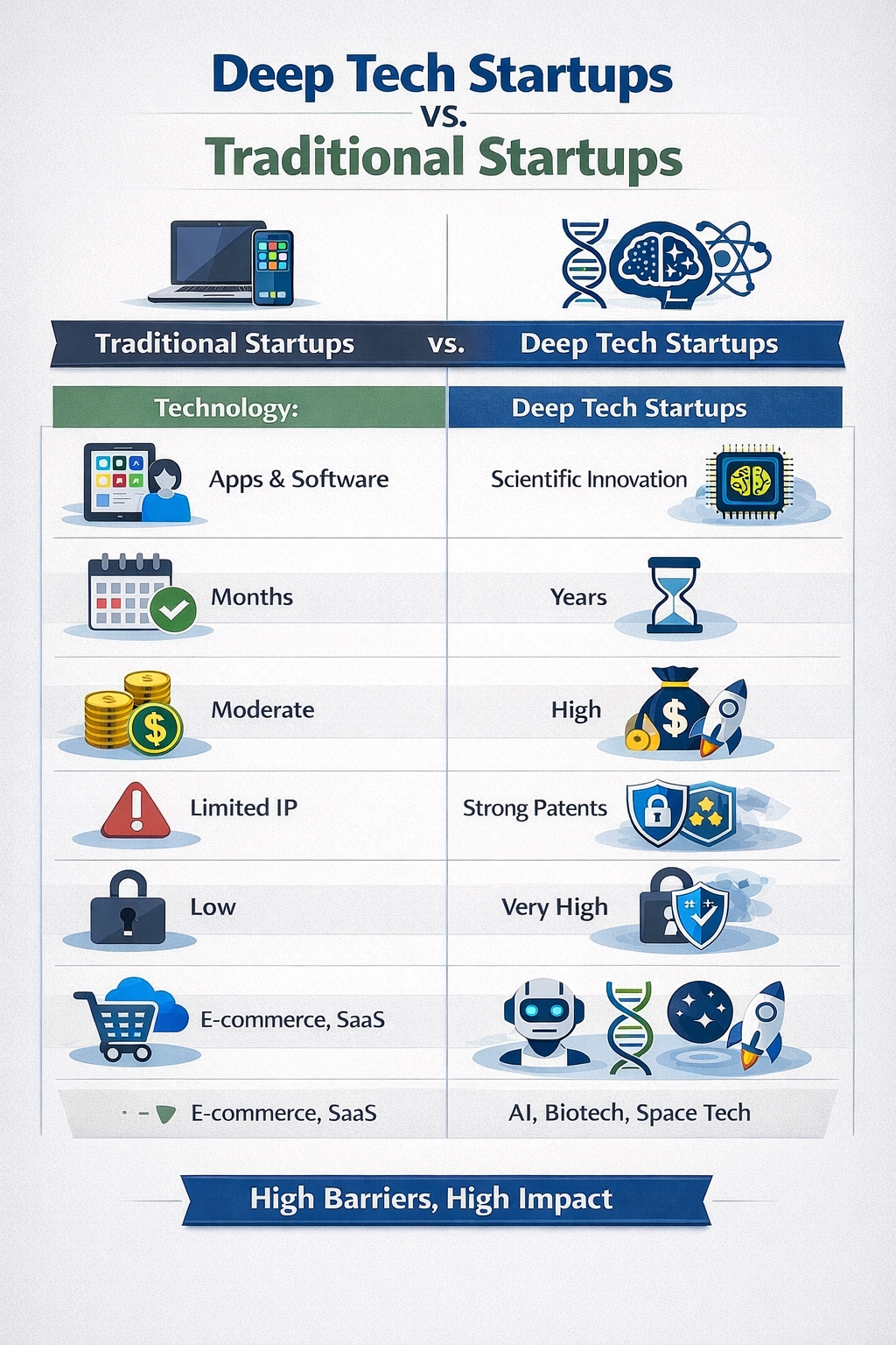 Deep tech startups vs traditional startups comparison infographic
